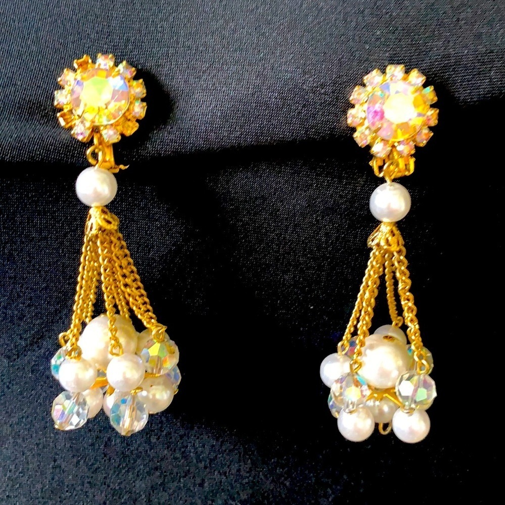 Gold Pearl Chandelier Clip On Earrings